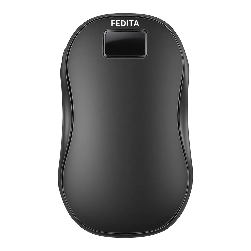 Black rechargeable hand warmer with a small display window, seen from the front on a white background